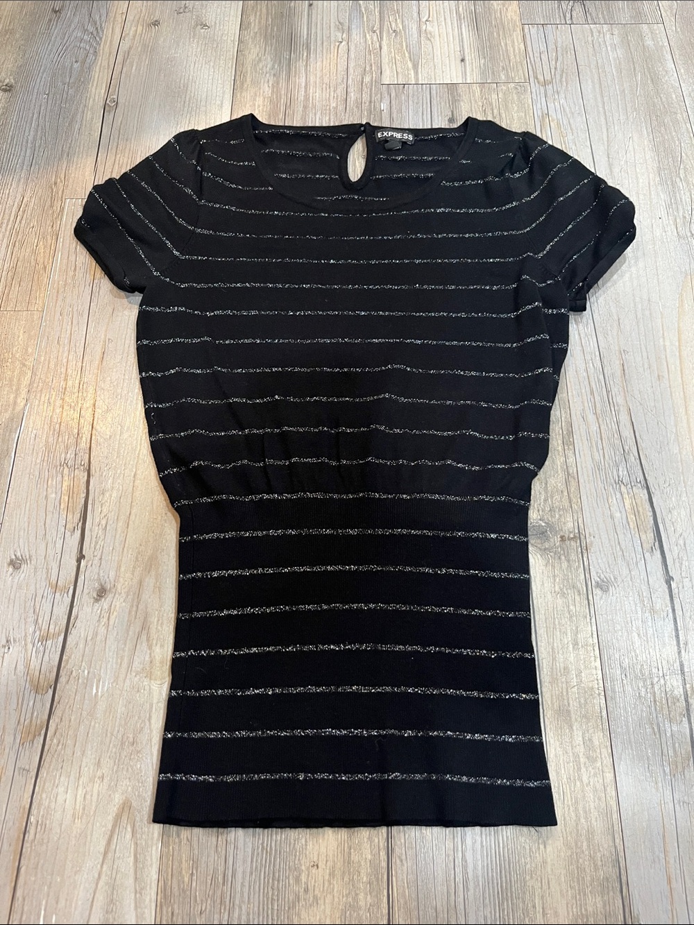Express Black Top with Silver Metallic Stripes - Short Sleeve